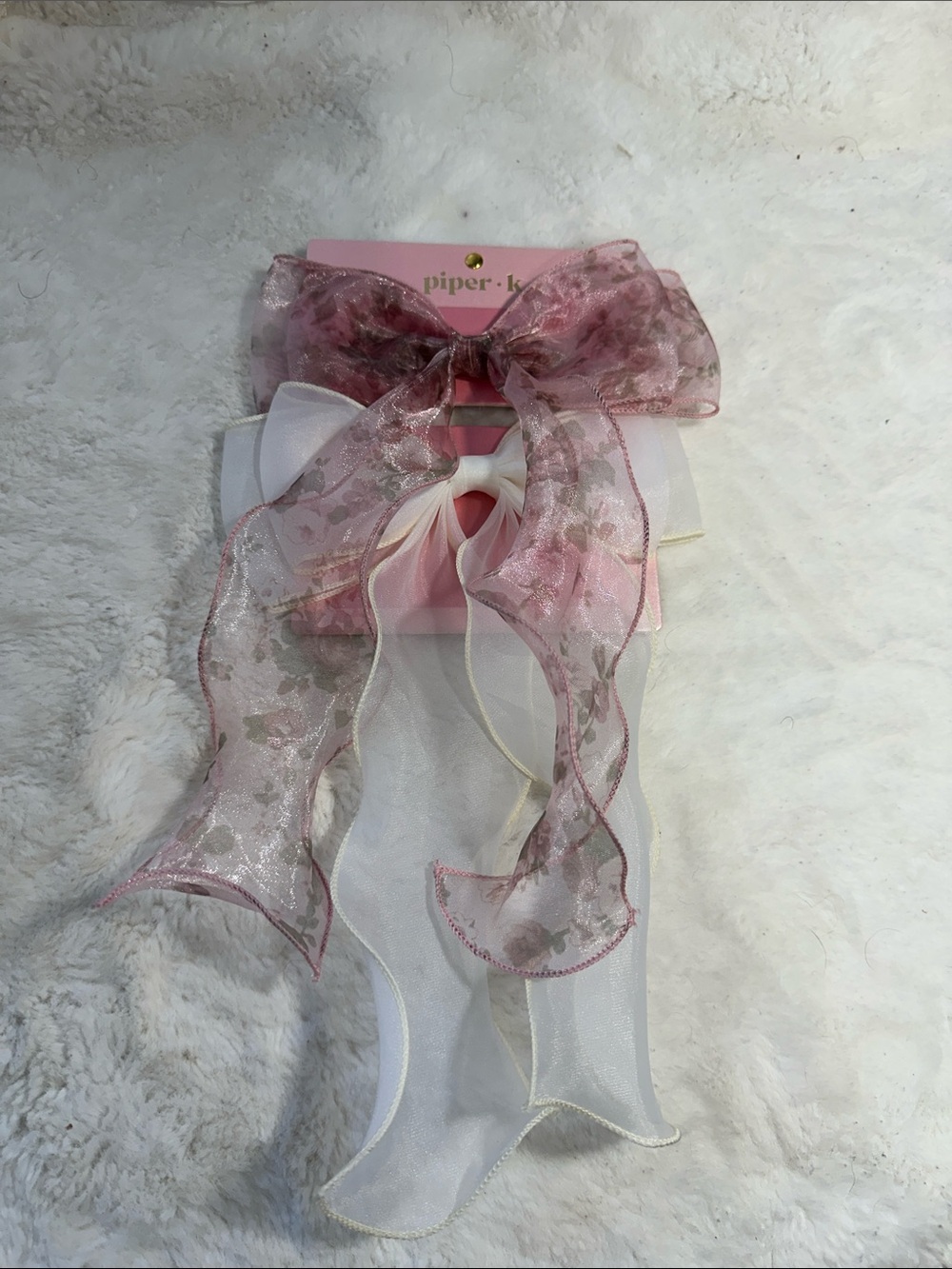 Piper K set of 2 floral pink rose and cream velum bow clips